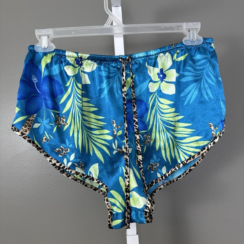 Y2K Secret Treasures Satin Pajama Shorts Medium Blue Tropical Leopard Lounge Vtg